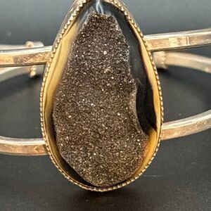 Sterling Silver and Druzy Bracelet Cuff, NEW, Black and Silver, Handmade, Artisa